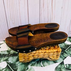 Frye Ellie Slide Brown Black Leather Wood Sandal